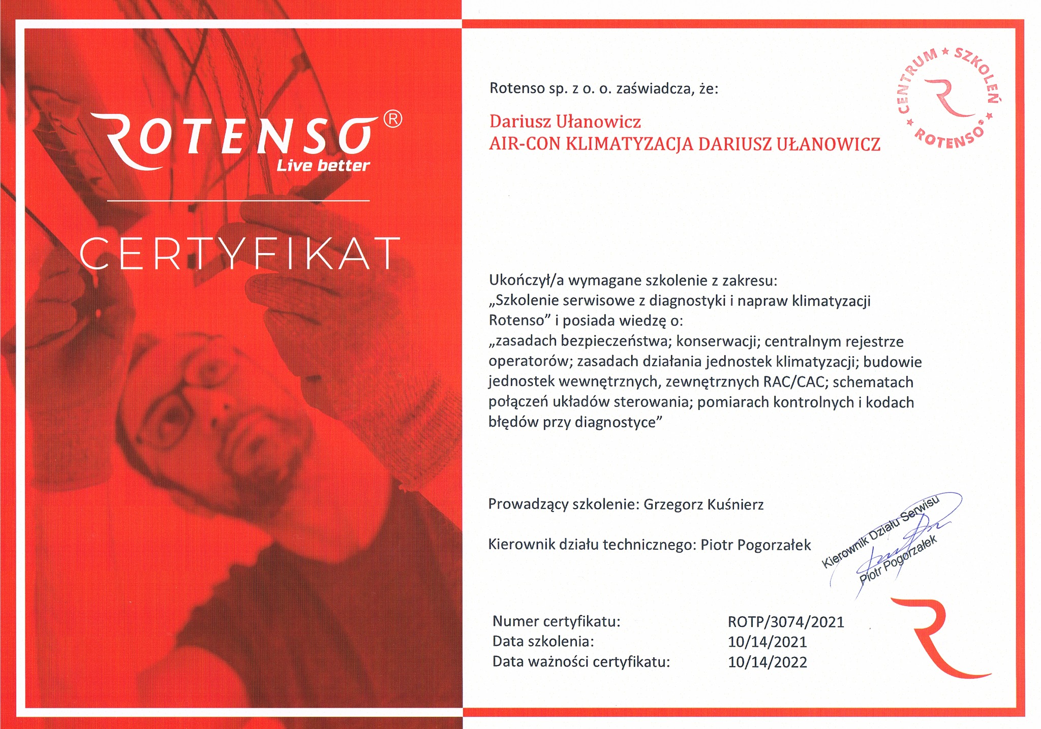 Certyfikat ukończenia szkolenia serwisowego z diagnostyki i napraw klimatyzacji Rotenso dla Dariusza Ułanowicza, wydany 14 października 2021, ważny do 14 października 2022.
