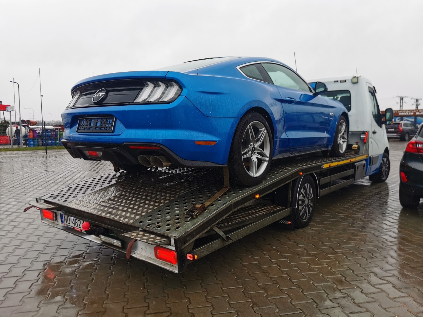 Błękitny Ford Mustang GT na metalowej lawecie transportowej, widok z tyłu na mokrym parkingu w pochmurny dzień.