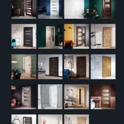 Kolekcja drzwi wewnętrznych Prestige: różnorodne modele z przeszkleniami i bez, w różnych kolorach i stylach, prezentowane w aranżacjach wnętrz.