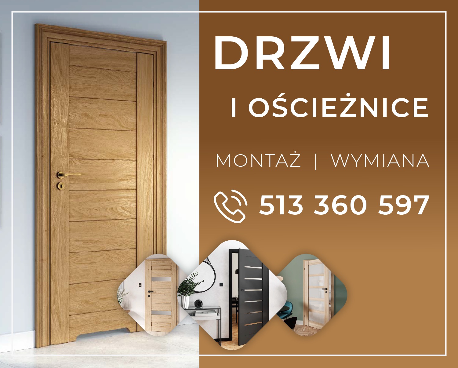 Zdjęcie promocyjne drzwi drewnianych z ościeżnicą, na brązowym tle numer telefonu kontaktowy i miniatury innych modeli drzwi.