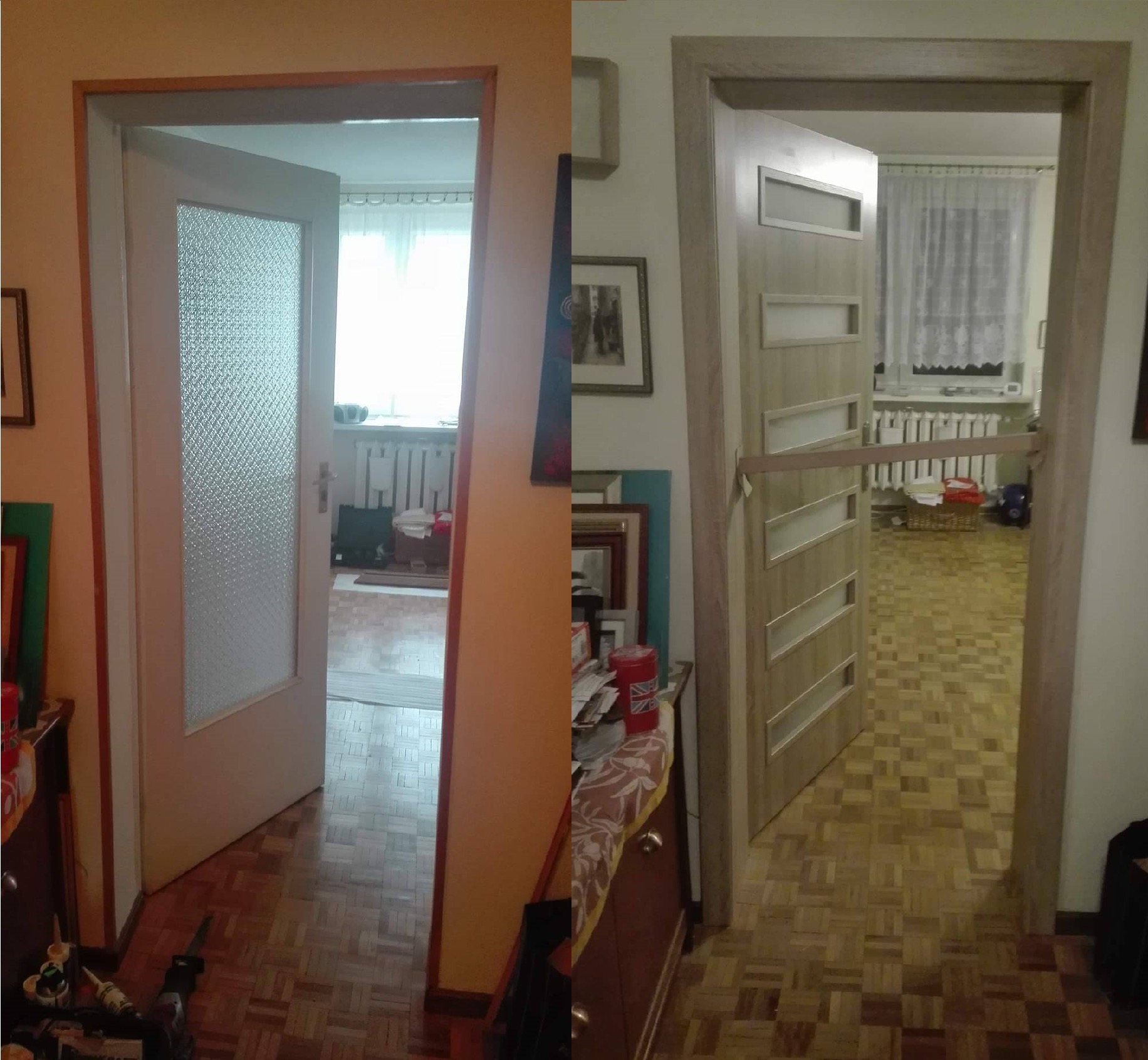 Porównanie: Stare drzwi z szybą w Łukowie, obok nowo zamontowane, drewniane drzwi z przeszkleniami, zabezpieczone rozpórką, widok na parkiet.