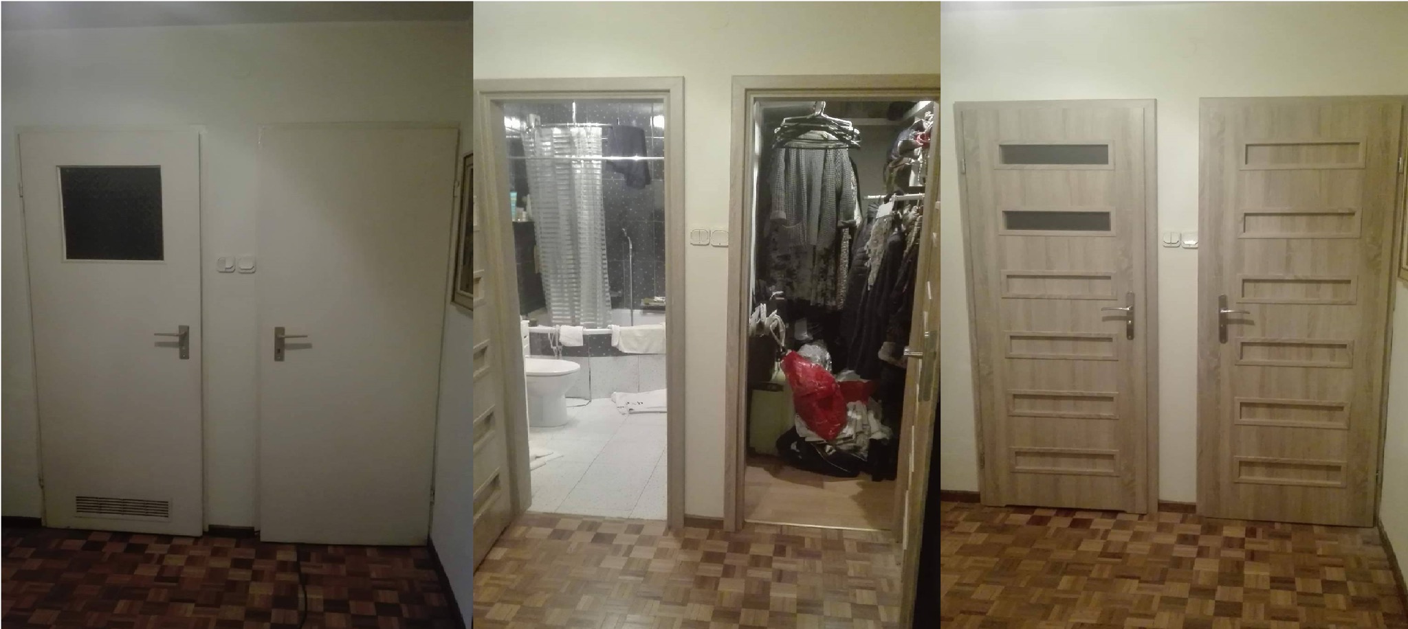 Trzy różne rodzaje drzwi wewnętrznych: białe drzwi z małym okienkiem, drzwi do łazienki z widoczną toaletą i wanną, oraz drzwi z poziomymi przeszkleniami w odcieniach drewna.