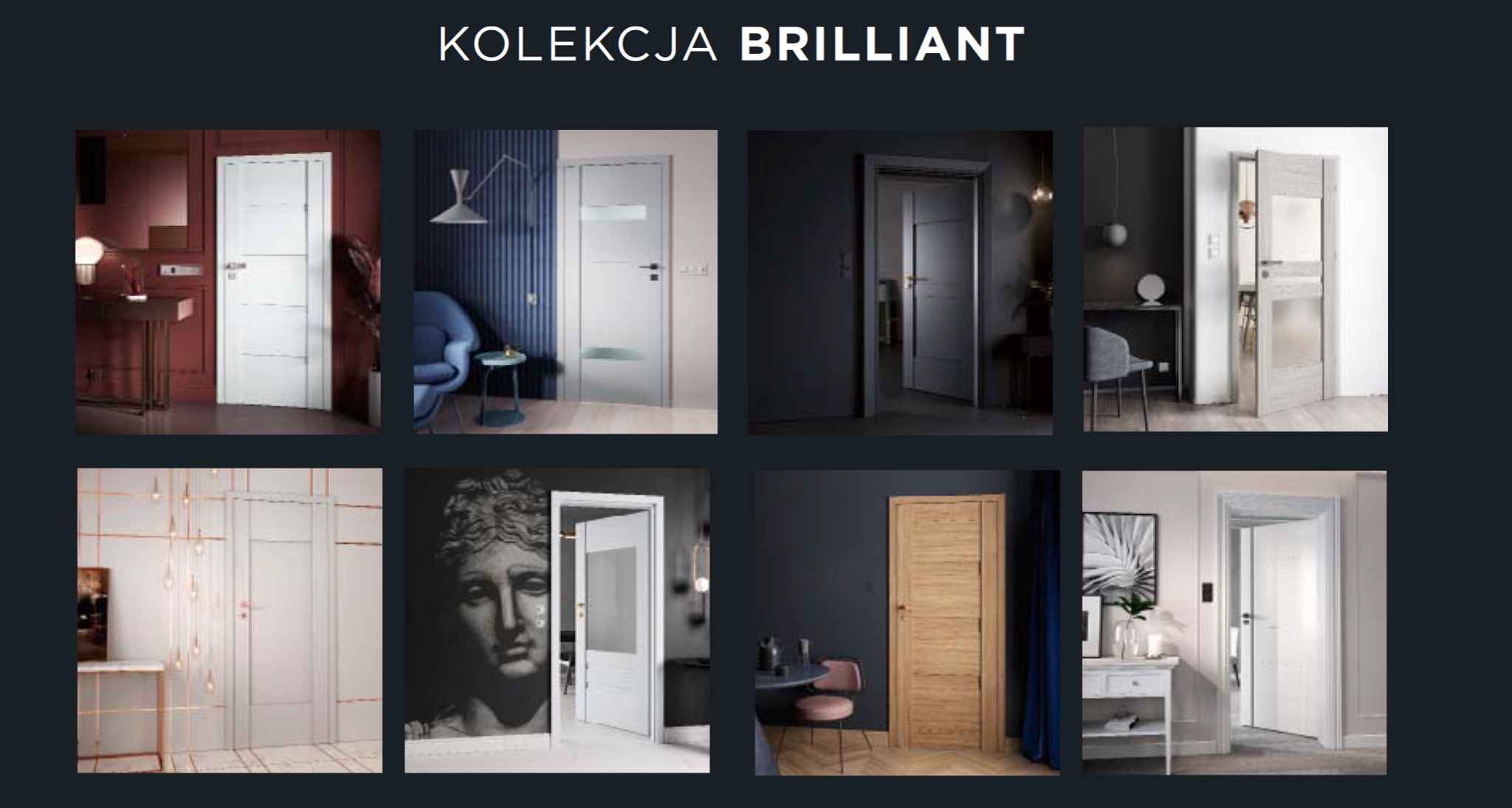 Kolekcja drzwi wewnętrznych 'Brilliant' prezentowana na kolażu: modele białe, szare i drewniane w aranżacjach wnętrz.