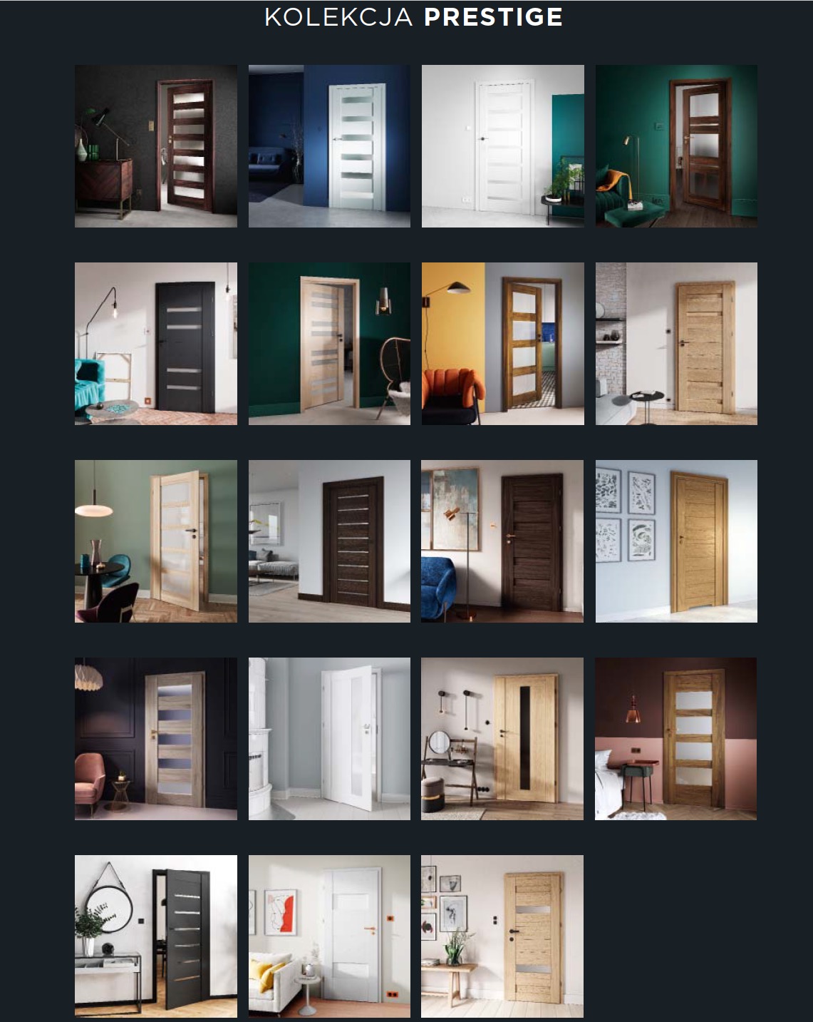 Kolekcja drzwi wewnętrznych Prestige: różnorodne modele z przeszkleniami i bez, w różnych kolorach i stylach, prezentowane w aranżacjach wnętrz.