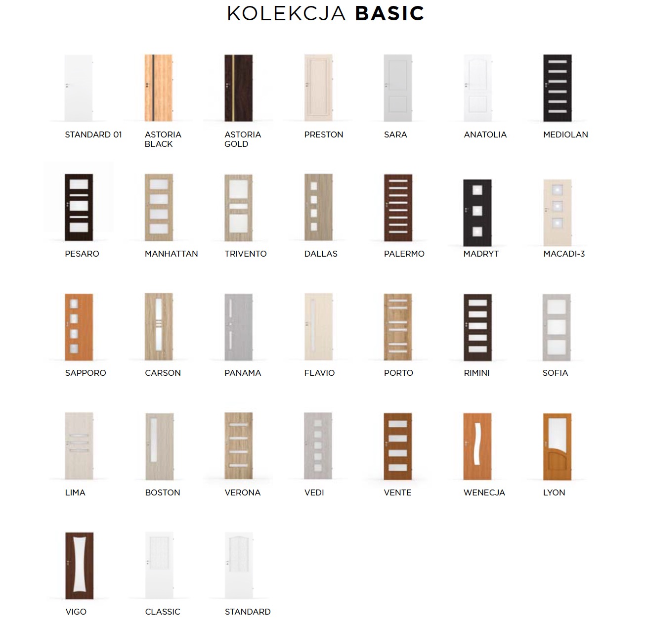 Katalog drzwi wewnętrznych 'Kolekcja Basic', prezentujący różne modele i wykończenia, w tym drzwi pełne, z przeszkleniami, w odcieniach bieli, szarości i drewna.