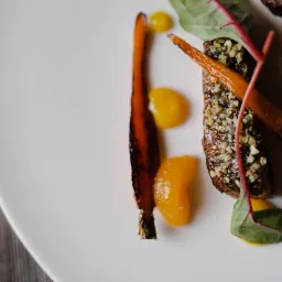 Elegancko podane danie: grillowana marchewka, kawałek mięsa posypany orzechami, mandarynka i zielony listek na białym talerzu.