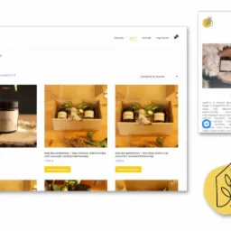 Prezentacja responsywnego sklepu internetowego na ekranie komputera i smartfona, widoczne produkty: świece i zestawy prezentowe w minimalistycznym stylu.