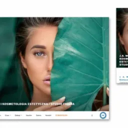 Strona internetowa kliniki medycyny estetycznej J.A. Medycyna i Kosmetologia Estetyczna / Studio Figura, widok desktopowy i mobilny, twarz kobiety z zielonym liściem