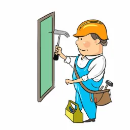 Karykatura: Pracownik w kasku wbija gwóźdź młotkiem w ramę okienną z zielonym wypełnieniem.