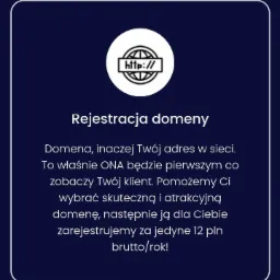 Grafika reklamowa rejestracji domeny z ikoną globu i adresem internetowym, tekst informujący o usłudze i cenie.