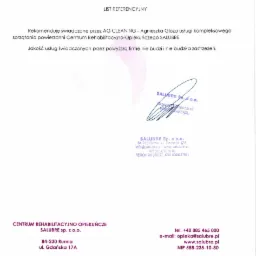 Skan listu referencyjnego od firmy AG Cleaning dla Centrum Rehabilitacyjno-Opiekuńczego SALUBRE, potwierdzający kompleksowe sprzątanie powierzchni. Dokument zawiera logo SALUBRE, datę 21.07.2021...