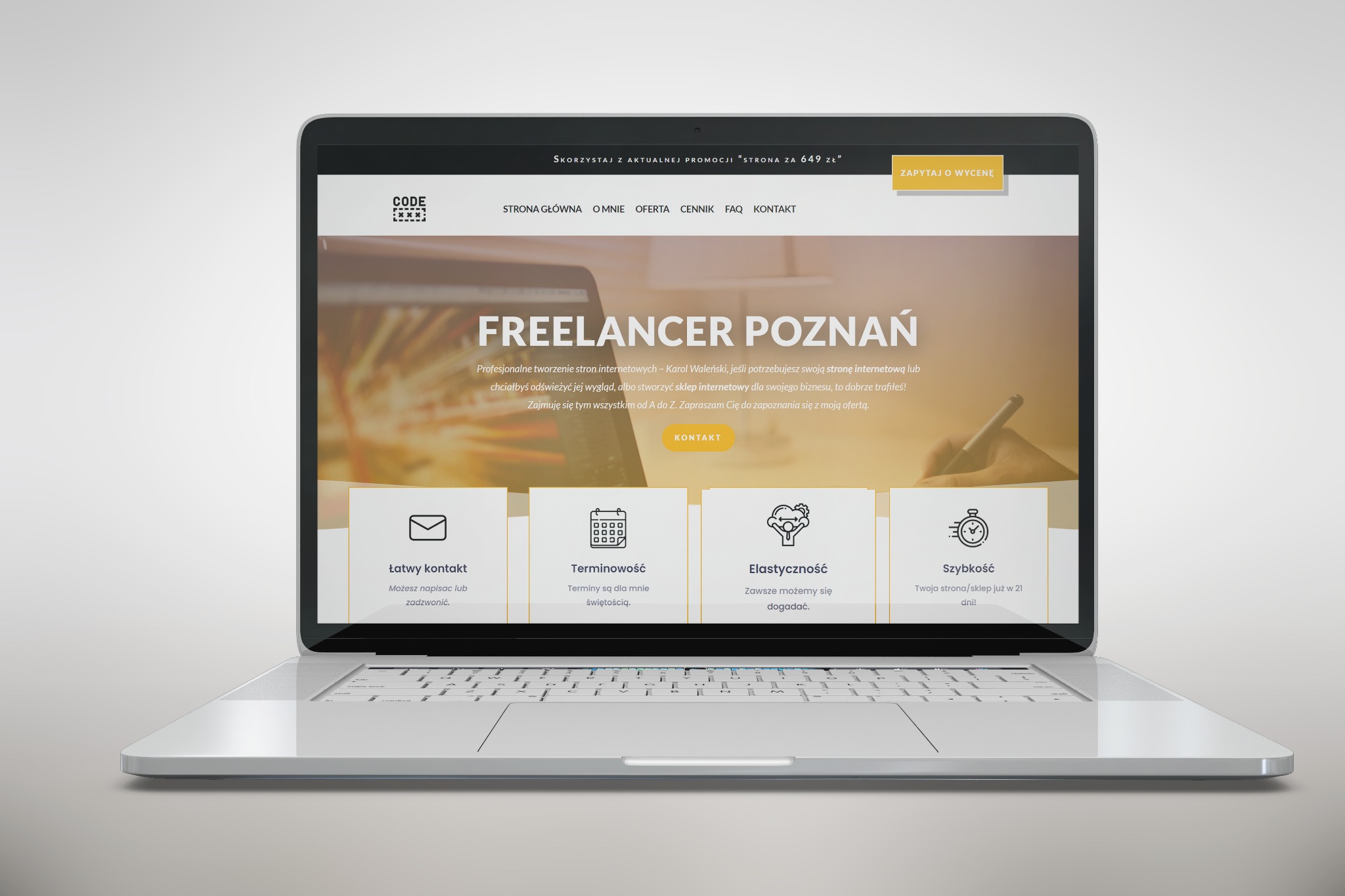 Laptop wyświetla stronę internetową freelancera z Poznania, oferującego tworzenie stron i sklepów internetowych, z elementami graficznymi i przyciskami nawigacyjnymi.