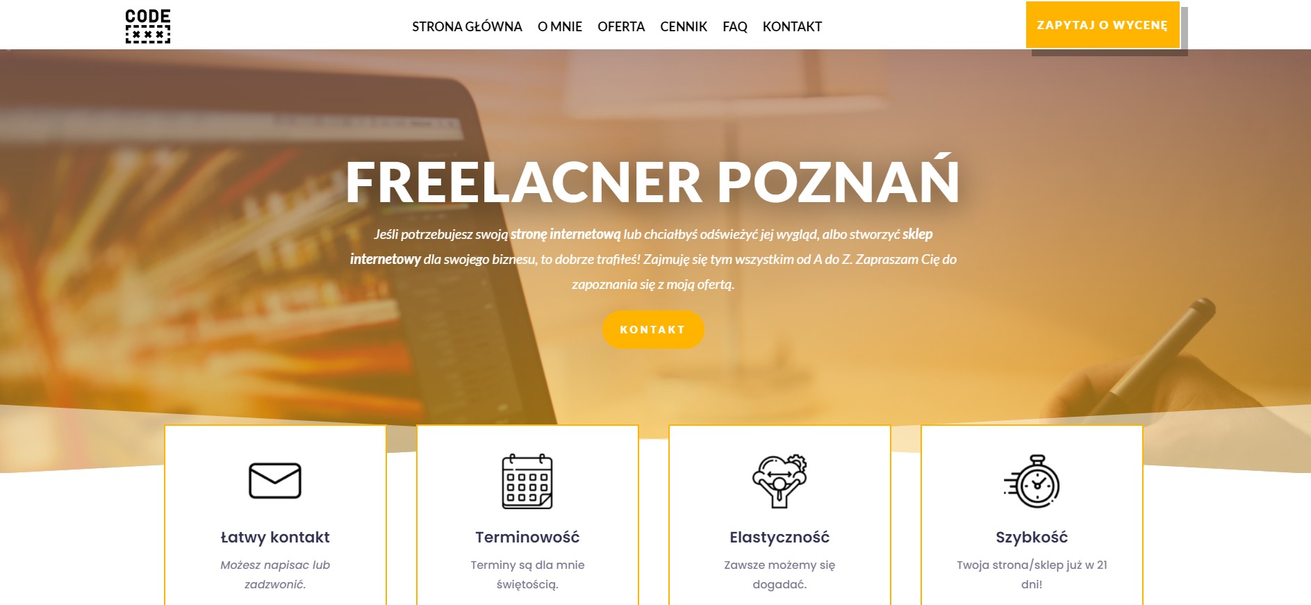 Strona internetowa freelancera z Poznania na ekranie laptopa, z widocznymi sekcjami: 'Strona główna', 'O mnie', 'Oferta', 'Cennik', 'FAQ', 'Kontakt' i hasłem 'Freelancer Poznań'. Na pierwszym...