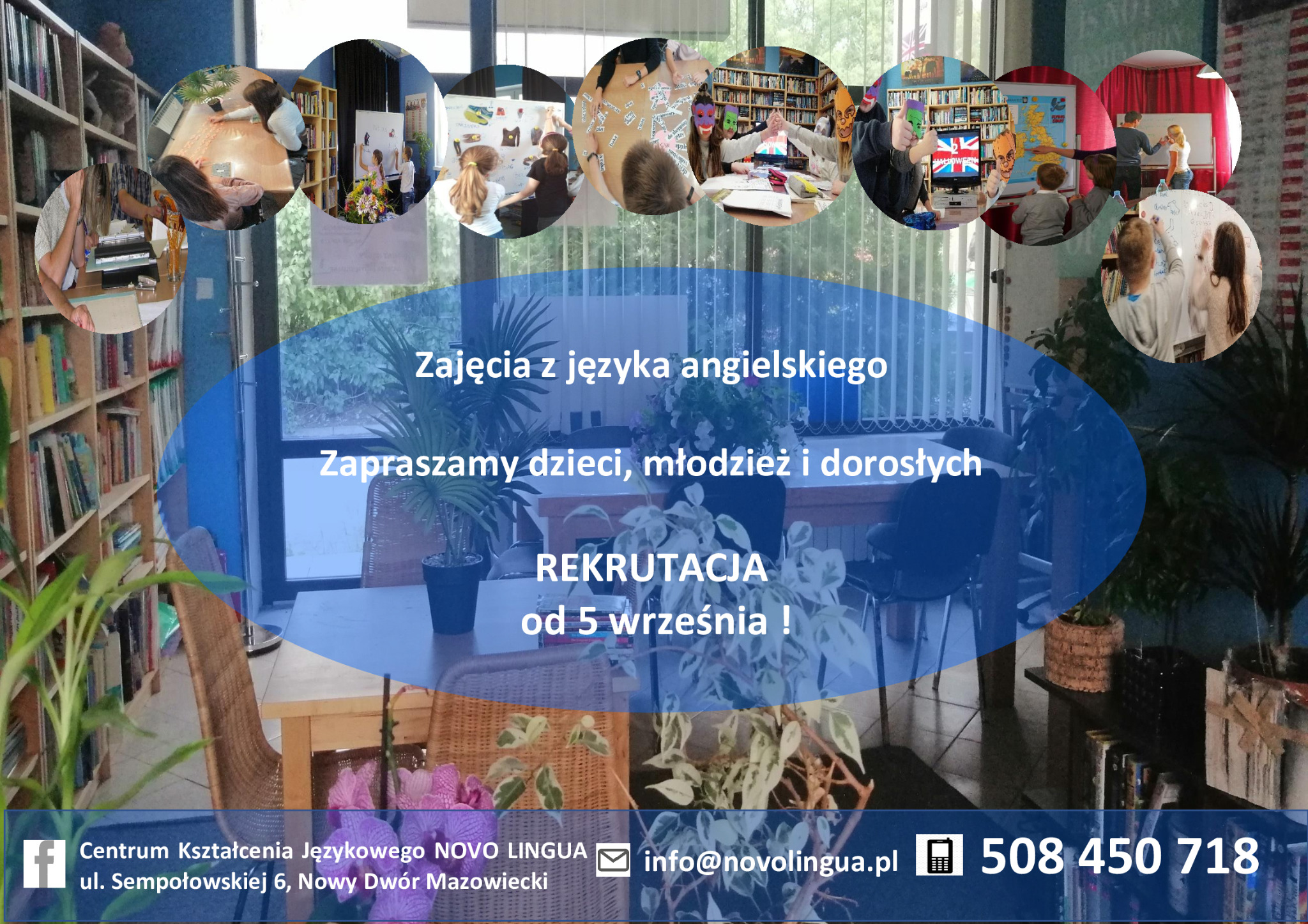 Kompozycja graficzna z kolażem zdjęć z zajęć języka angielskiego, informacją o rekrutacji i danymi kontaktowymi Centrum Kształcenia Językowego NOVO LINGUA.
