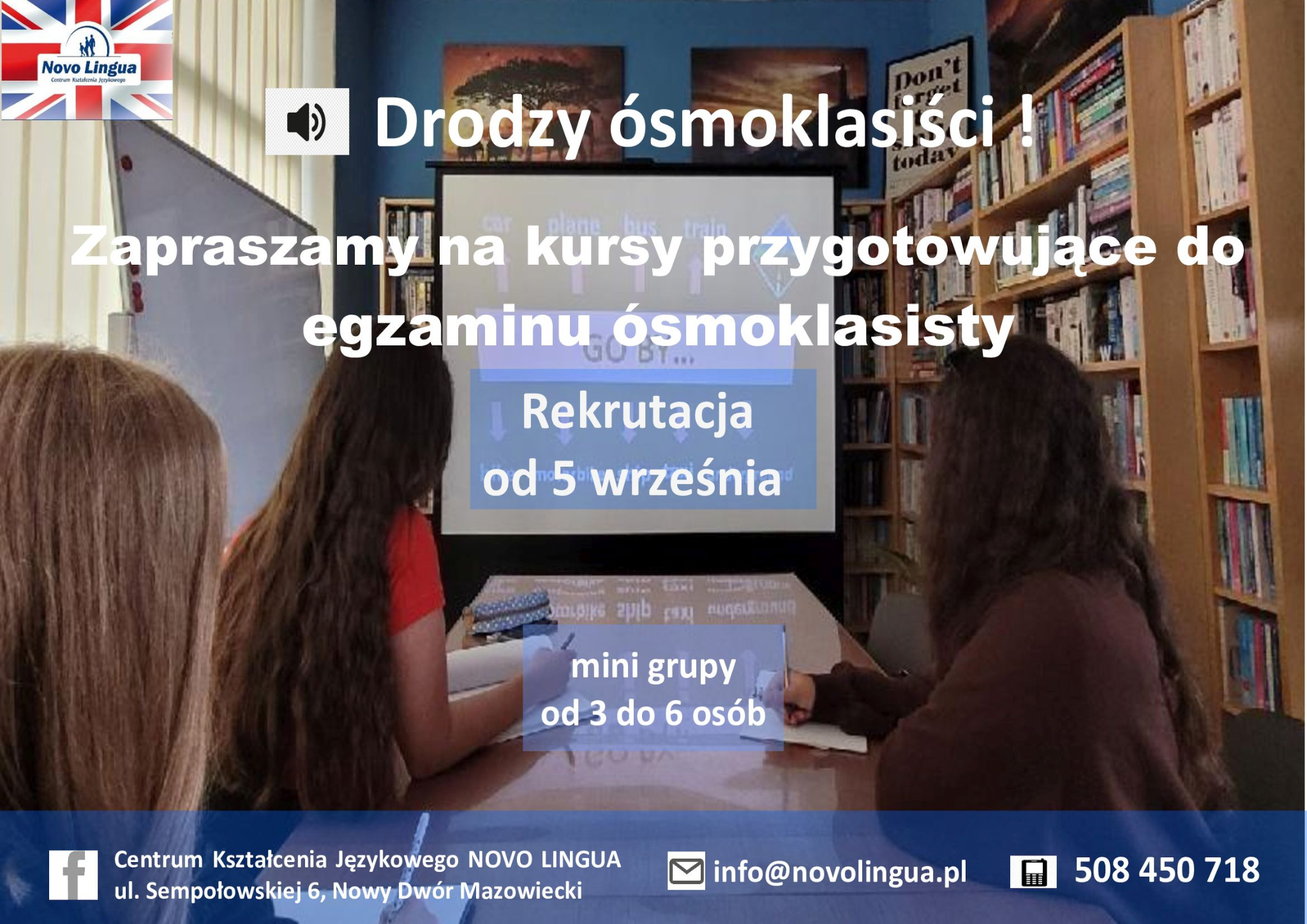 Reklama kursów przygotowawczych do egzaminu ósmoklasisty z informacją o rekrutacji od 5 września, logo szkoły językowej w lewym górnym rogu.