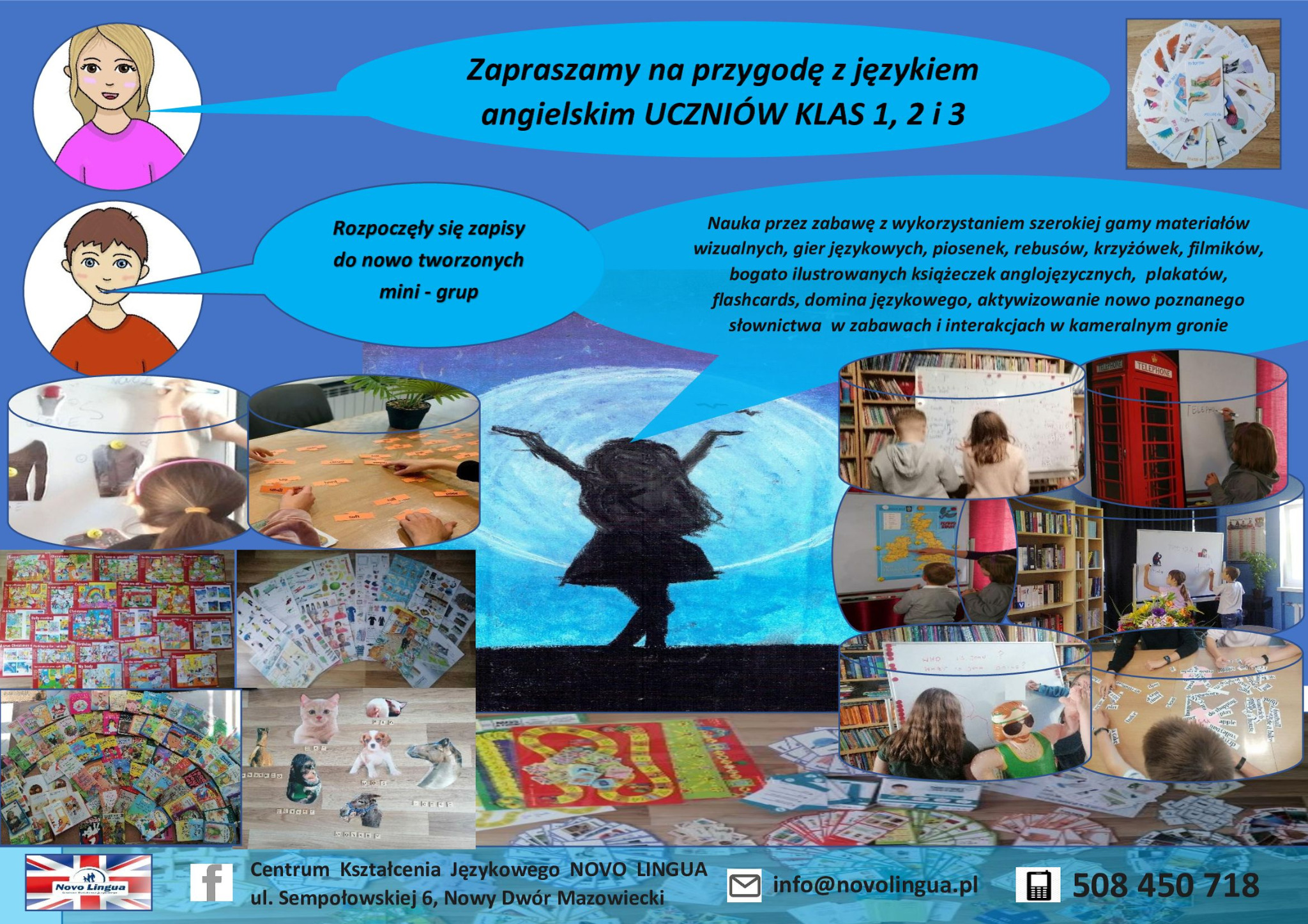 Kolaż zdjęć z zajęć języka angielskiego dla dzieci: nauka poprzez zabawę, gry, książki, flashcards, interakcje w grupie, logo szkoły językowej Novo Lingua.