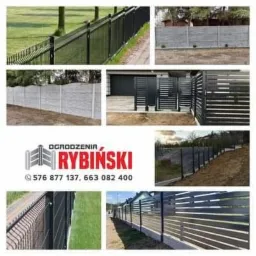 Kolaż zdjęć przedstawiających różne typy ogrodzeń: panelowe, betonowe i metalowe z poziomymi listwami, wraz z logo firmy 'Ogrodzenia Rybiński' i numerami telefonów.