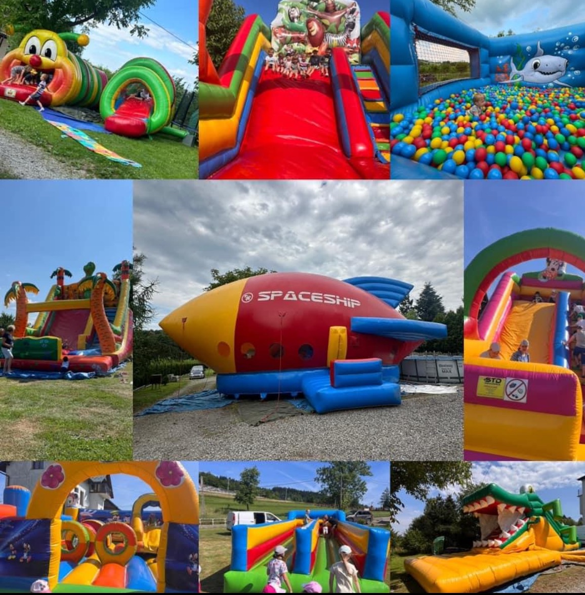 Kolaż zdjęć przedstawiający różnorodne dmuchańce: tunel w kształcie gąsienicy, zjeżdżalnie z motywami dżungli i kosmosu (statek kosmiczny), basen z kulkami i inne konstrukcje do zabawy dla dzieci.