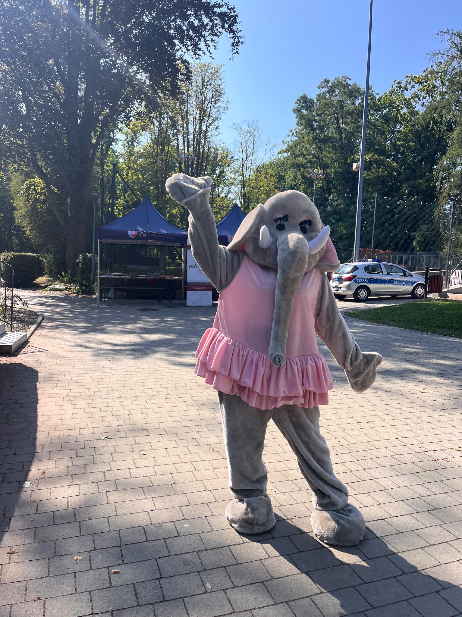 Osoba w kostiumie słonia z podniesioną ręką, ubrana w różową sukienkę z falbankami, na tle parku z niebieskim namiotem i radiowozem.