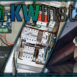 Kompozycja z trzech ujęć: centrala alarmowa z akumulatorem i czujnikiem ruchu, skrzynka z bezpiecznikami oraz kamera monitoringu zamontowana na drewnianej belce.