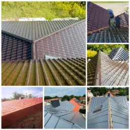 Kolaż zdjęć przedstawiających różne rodzaje dachów: dachówka ceramiczna w odcieniach brązu, czerwona blacha trapezowa na ceglanym budynku, szara blacha na dachu z kominem, oraz dach z widoczną...