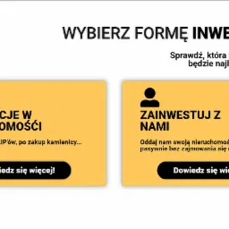 Grafika reklamowa z hasłem 'Wybierz formę inwestycji!' oraz dwoma opcjami: 'Inwestycje w nieruchomości' z ikoną wózka sklepowego i 'Zainwestuj z nami' z ikoną osoby, obie z przyciskami 'Dowiedz się...