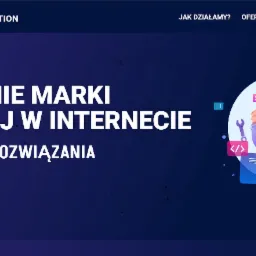 Grafika wektorowa przedstawiająca stronę internetową z hasłem 'Budowanie marki osobistej w internecie' oraz ilustracją mężczyzny w stylu cartoon, wskazującego na interfejs użytkownika z ikonami...