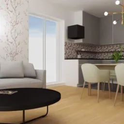 Wizualizacja wnętrza: salon z sofą, okrągłym stolikiem kawowym i jadalnią z krzesłami, kuchnia w tle z szarymi szafkami i czarnym okapem, ściana z tapetą w kwiaty, nowoczesne oświetlenie.