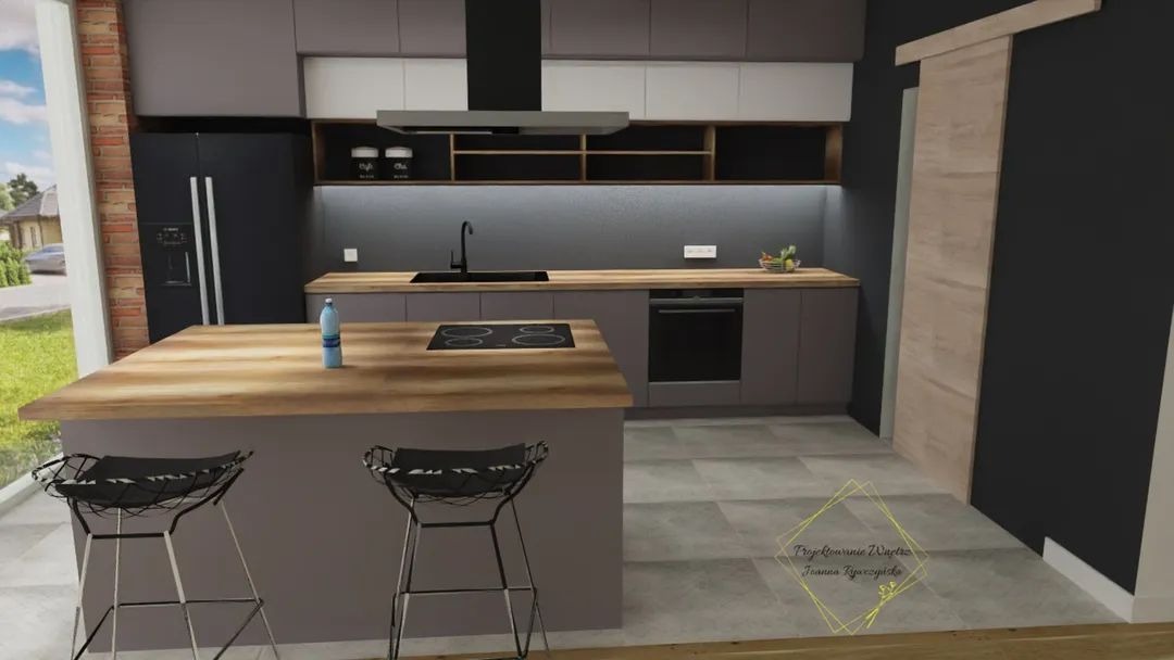 Wizualizacja nowoczesnej kuchni w odcieniach szarości z drewnianym blatem wyspy i czarnymi hokerami, oświetleniem LED pod szafkami i przesuwnymi drzwiami z jasnego drewna.