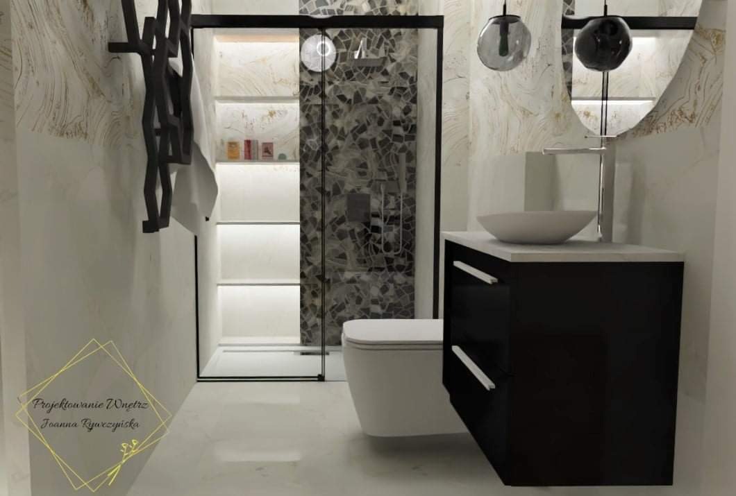 Elegancka łazienka z kabiną prysznicową wyłożoną mozaiką, czarną szafką pod umywalkę z białą misą, okrągłym lustrem i designerskim grzejnikiem drabinkowym w kolorze czarnym.