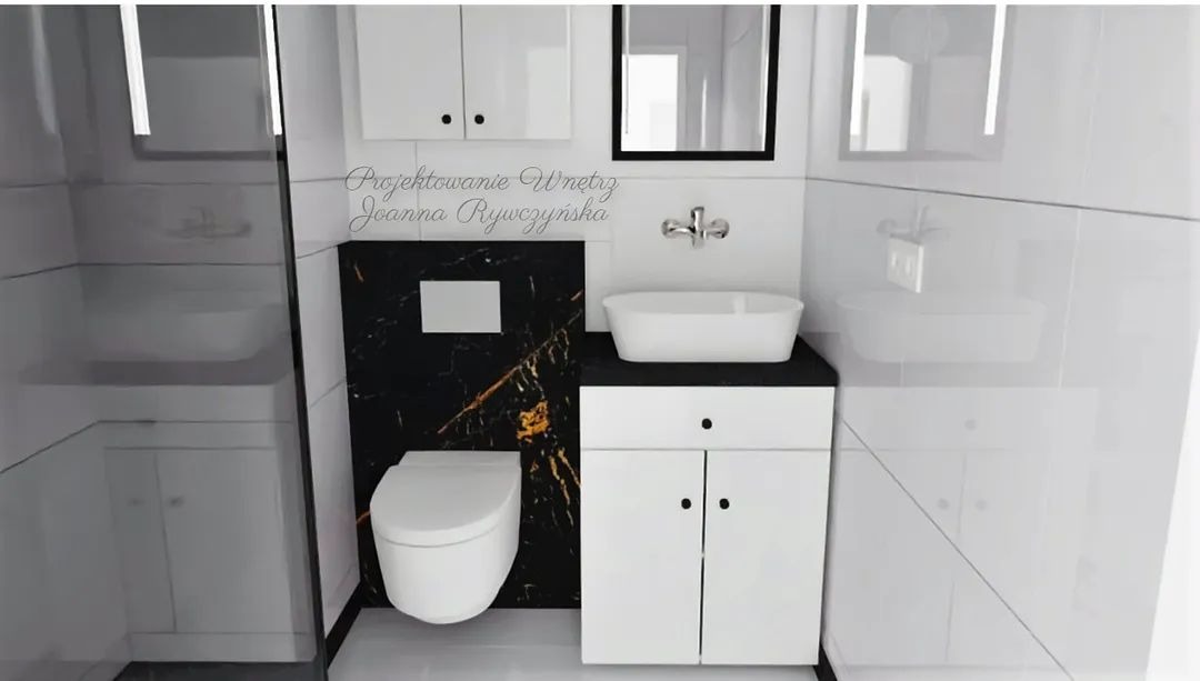 Wizualizacja łazienki z białą ceramiką, czarnym blatem z żyłami złota, białymi szafkami i lustrem w czarnej ramie, prezentująca nowoczesny design.