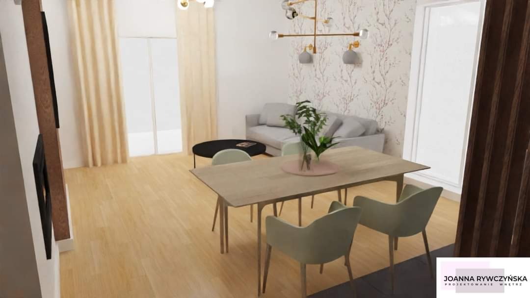 Wizualizacja wnętrza: jasna jadalnia z drewnianym stołem, krzesłami w odcieniach zieleni, szarą sofą i czarnym stolikiem kawowym, oświetlona nowoczesną lampą sufitową, z tapetą w delikatne wzory...