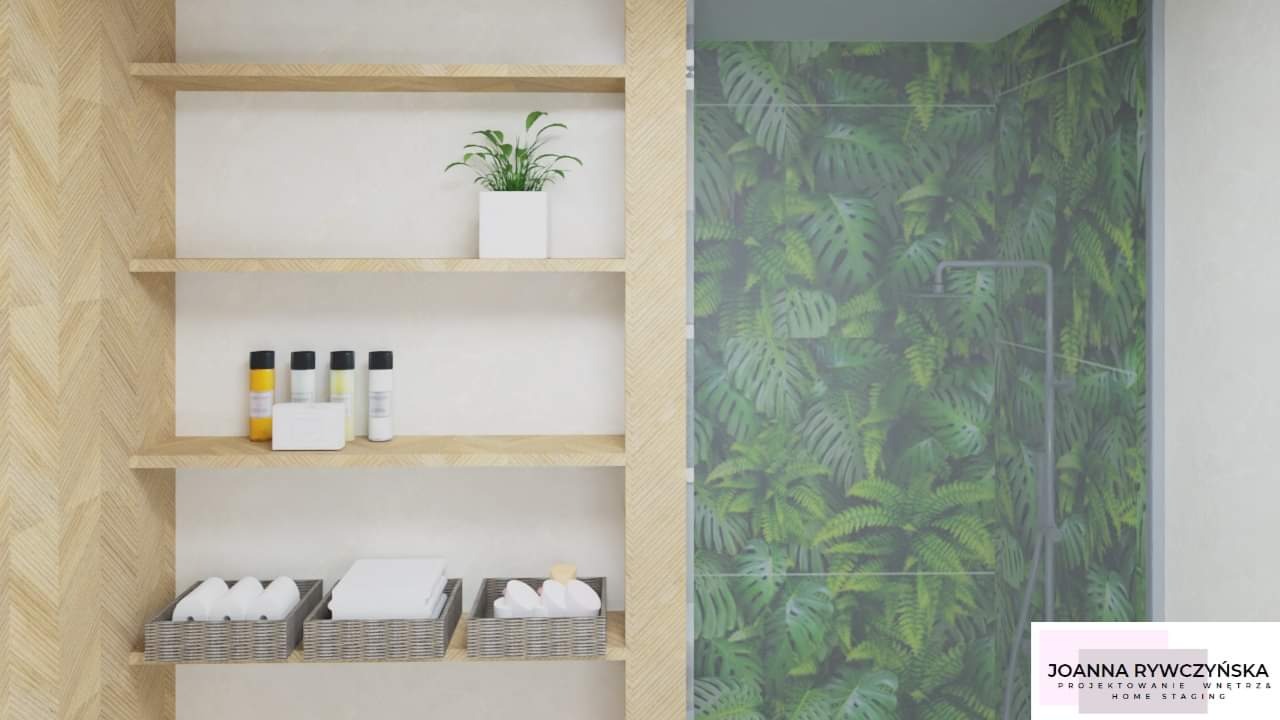 Wizualizacja łazienki z półkami z jasnego drewna wypełnionymi rośliną doniczkową, kosmetykami i ręcznikami, oraz kabiną prysznicową z tapetą w motywie tropikalnych liści.