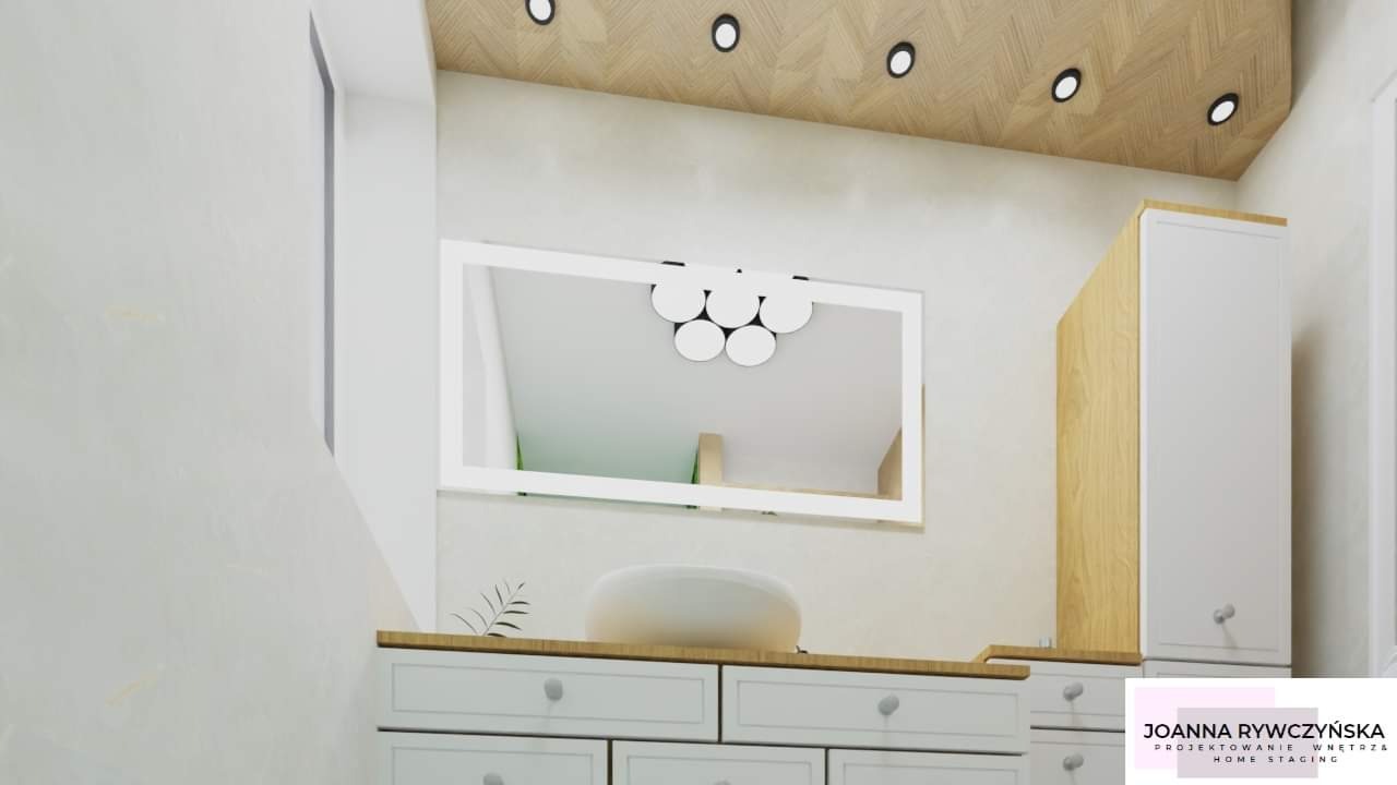 Wizualizacja łazienki z drewnianym sufitem, oświetleniem punktowym, białymi szafkami i dużym lustrem z okrągłymi lampami.