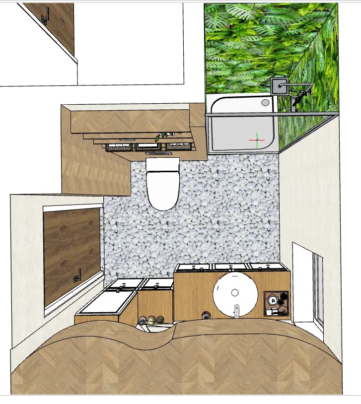 Wizualizacja łazienki z kamienną podłogą, drewnianymi szafkami i ścianą z motywem roślinnym, widok z góry.