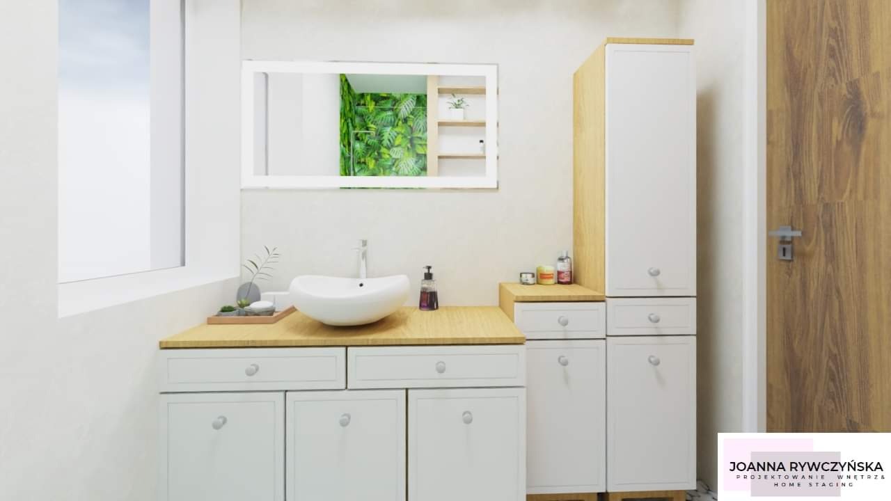 Wizualizacja łazienki z białymi szafkami, drewnianym blatem i okrągłą umywalką. W lustrze odbija się ściana z motywem roślinnym. Widoczna wysoka szafka i drewniane drzwi.