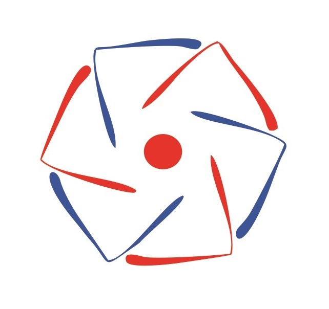 Abstrakcyjne logo: Stylizowany kwiat z czerwonym środkiem i naprzemiennymi niebiesko-czerwonymi płatkami na białym tle.