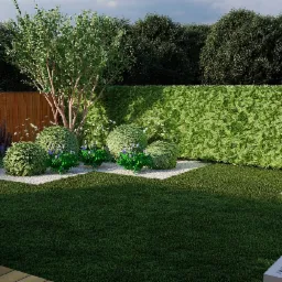 Wizualizacja ogrodu z trawnikiem, żywopłotem z bluszczu, kulistymi krzewami, drzewem liściastym i elementami dekoracyjnymi z kamienia; w rogu kadru widoczny kot.