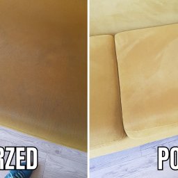 Sprzątanie na Zawołanie - Żółta kanapa tapicerowana welurem: widok 'przed' z widocznymi plamami i zabrudzeniami oraz 'po' profesjonalnym praniu, z logo firmy sprzątającej w prawym górnym rogu.