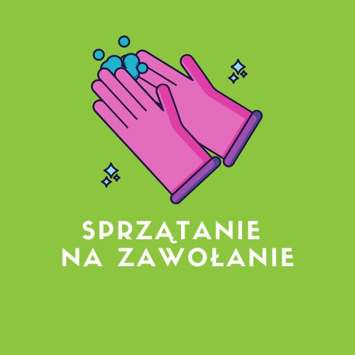 Grafika wektorowa: Ręce w różowych rękawicach myjące się, z bąbelkami i napisem 'Sprzątanie na zawołanie' na zielonym tle.