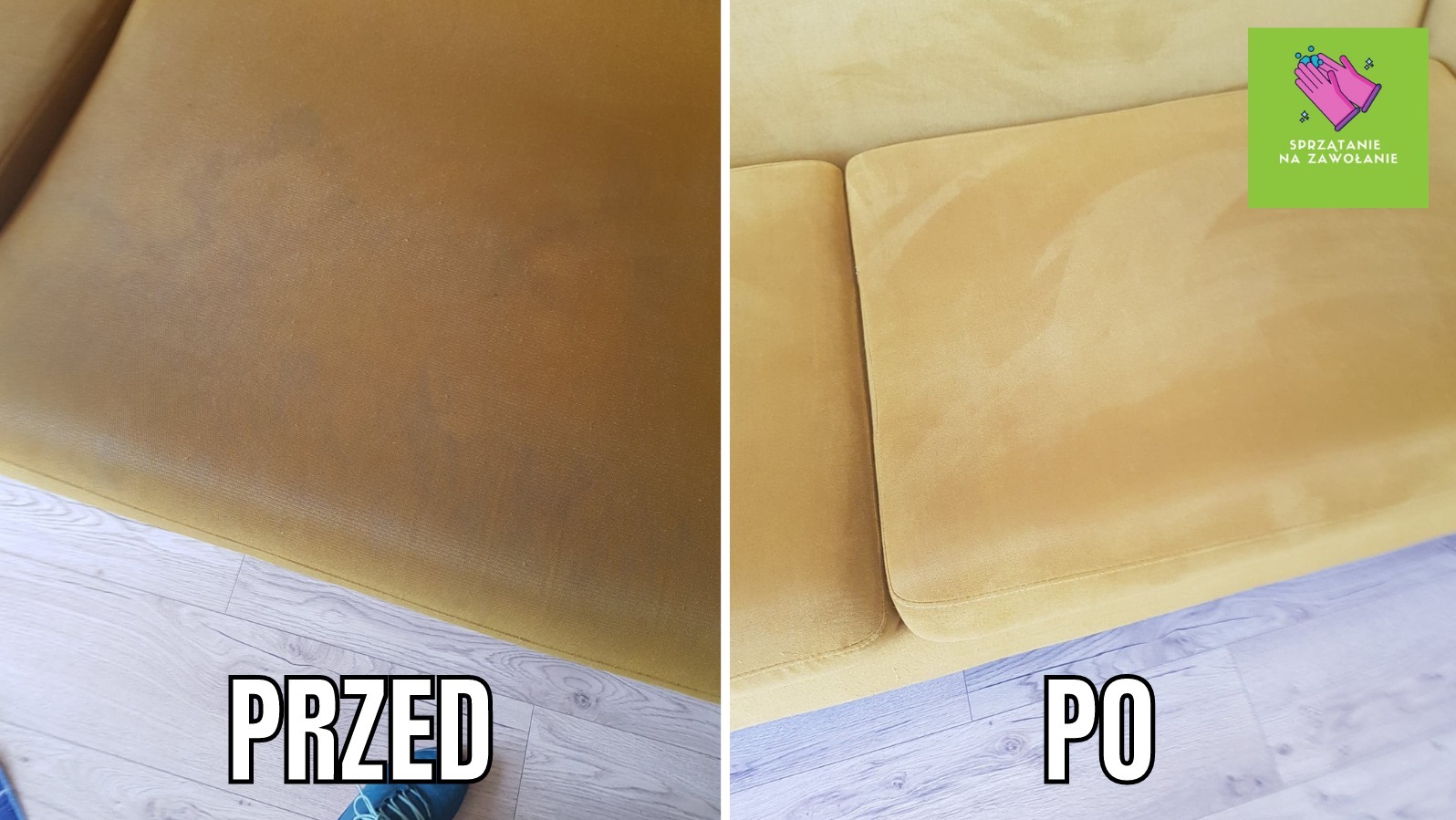 Żółta kanapa tapicerowana welurem: widok 'przed' z widocznymi plamami i zabrudzeniami oraz 'po' profesjonalnym praniu, z logo firmy sprzątającej w prawym górnym rogu.