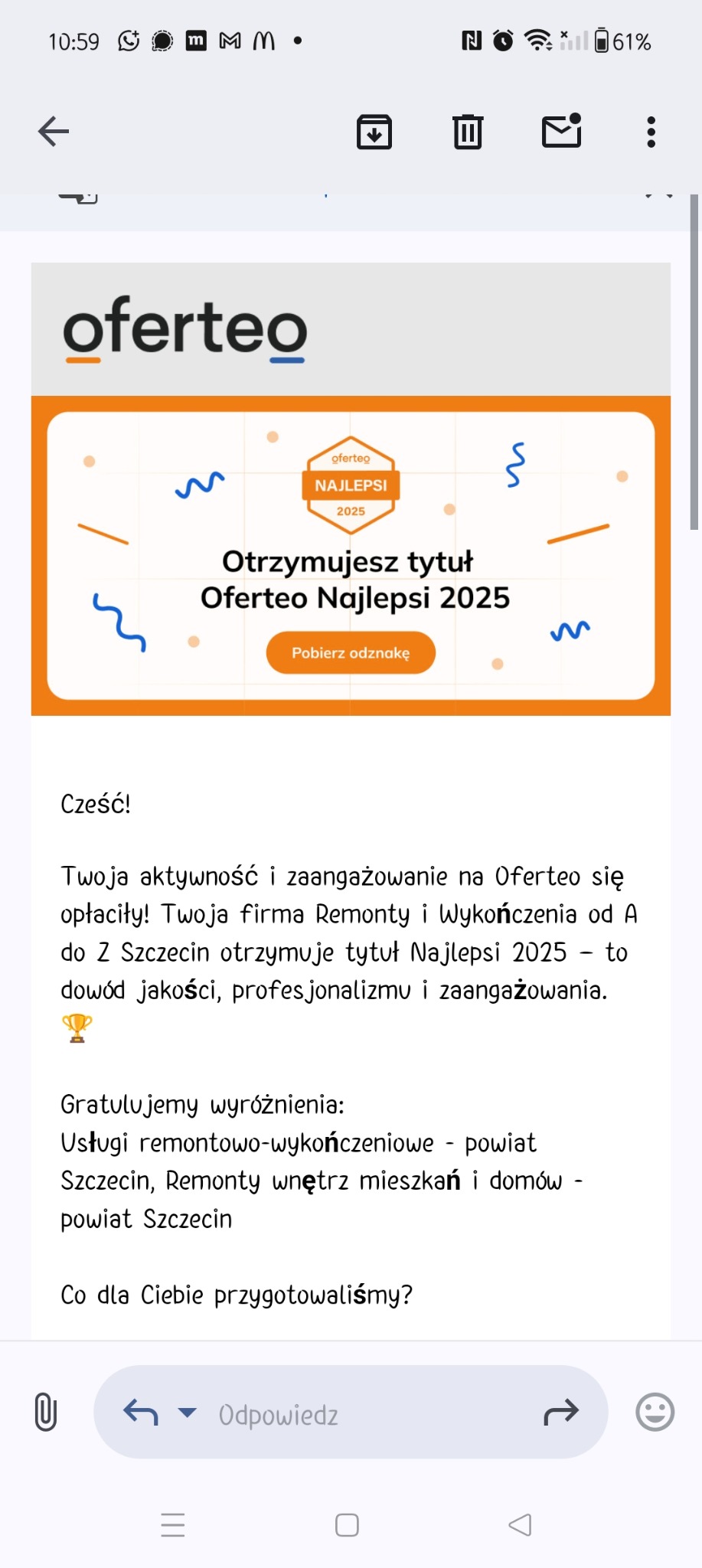 E-mail z Oferteo gratulujący firmie Remonty i Wykończenia od A do Z Szczecin zdobycia tytułu Oferteo Najlepsi 2025, z odznaką do pobrania i informacją o wyróżnieniu w kategorii...