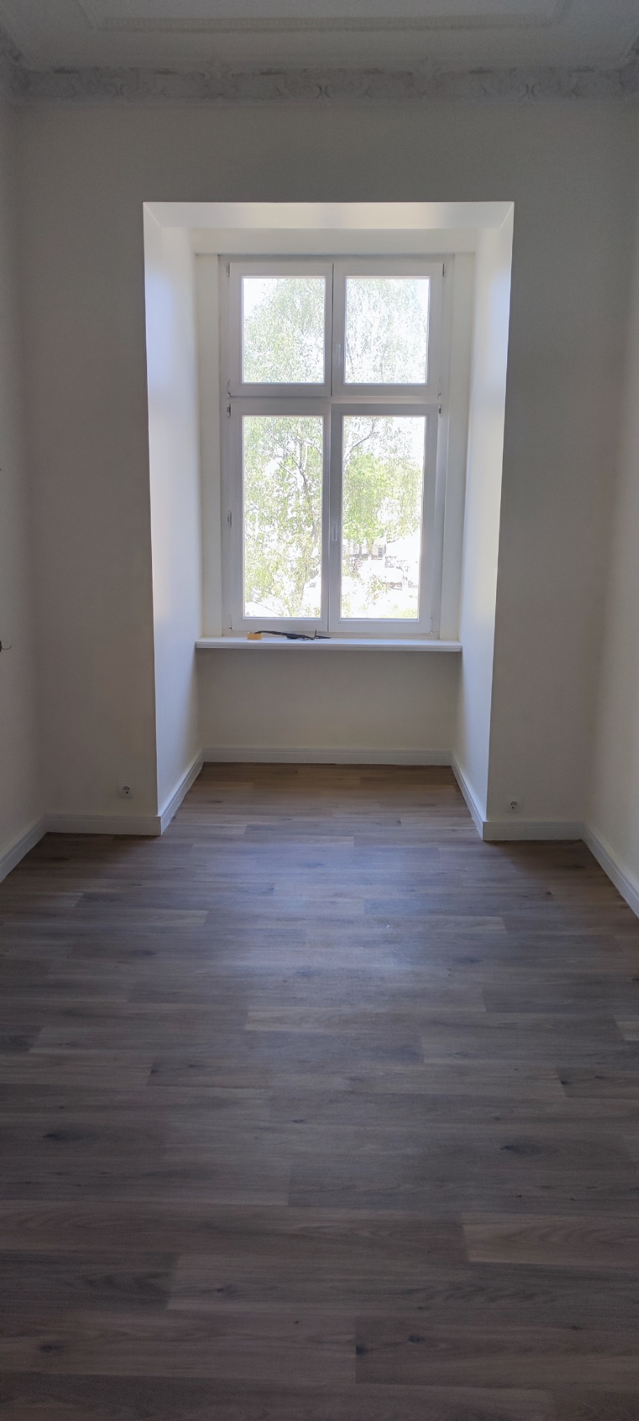 Pusty pokój po remoncie z nową podłogą z paneli, świeżo pomalowanymi ścianami i oknem z widokiem na drzewa.