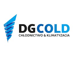 Logo firmy DGCOLD Chłodnictwo & Klimatyzacja z niebieskim, dynamicznym symbolem graficznym po lewej stronie.