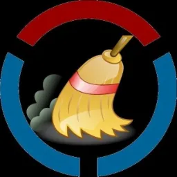 Grafika wektoryzowana przedstawia stylizowaną miotłę z pióropuszem, otoczoną czerwonym i niebieskim łukiem na czarnym tle, symbolizującą proces sprzątania z efektem kurzu.