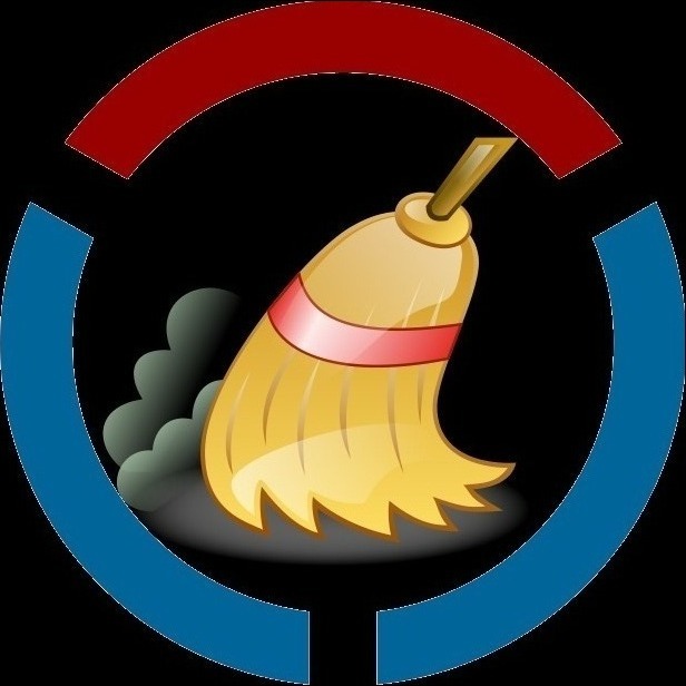 Grafika wektoryzowana przedstawia stylizowaną miotłę z pióropuszem, otoczoną czerwonym i niebieskim łukiem na czarnym tle, symbolizującą proces sprzątania z efektem kurzu.