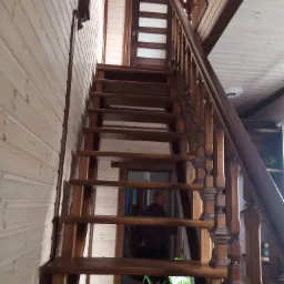 Drewniane schody z balustradą w brązowym odcieniu, prowadzące na górę, widoczne deski boazerii na ścianach i drzwi z przeszkleniami w tle, roślina doniczkowa u podstawy schodów.