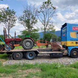 Ciężarówka z niebiesko-żółtą kabiną przewozi na platformie czerwony ciągnik Ursus C-360 z pomarańczowym osprzętem, zabezpieczony pasami, na tle zieleni i błękitnego nieba.