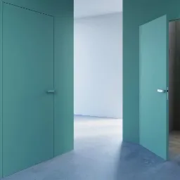 Dwie turkusowe drzwi w minimalistycznym wnętrzu, jedna zamknięta z ukrytą klamką, druga uchylona ukazująca drewniane wykończenie, na gładkiej betonowej podłodze.