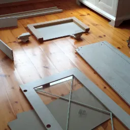 Elementy szafy z przeszklonymi drzwiami w stylu rustykalnym, rozłożone na drewnianej podłodze podczas montażu, widoczny wkrętak na parapecie.